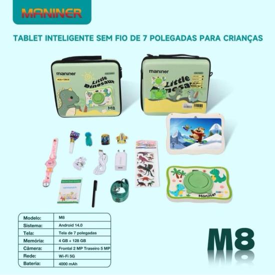Tablet infantil M8 maniner 4gb Ram + 64gb  dinossauro pega wifi 5g  com maleta 